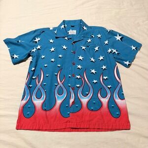 David Carey Medium Americana Flame Shirt Stars Stripes Vintage 100% Cotton Camp